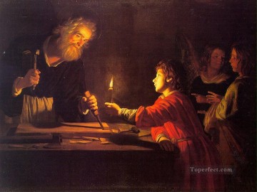 クリスチャン・イエス Painting - キリストの幼年期の夜のキャンドルに照らされたジェラルド・ファン・ホンホルスト